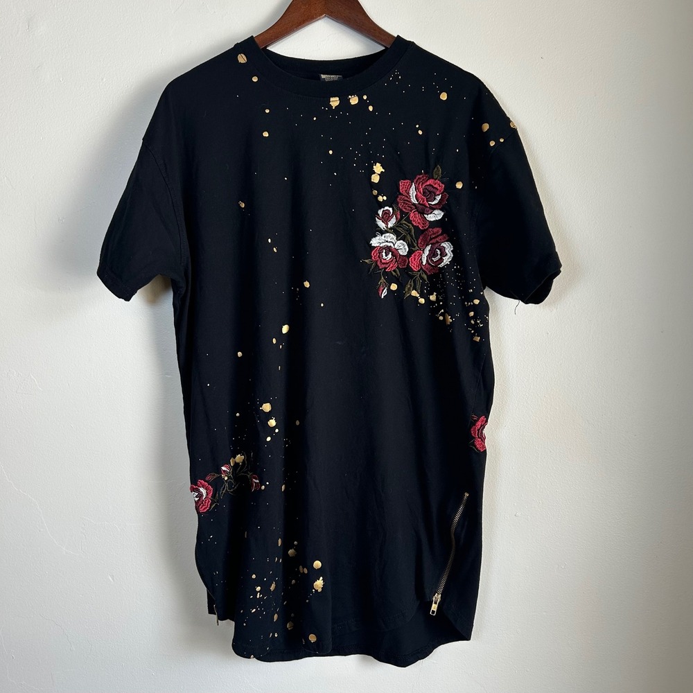 Bleecker and Mercer Graphic‎ Tee Women 2XL Black Gold Rose Tiger Side Zip Street